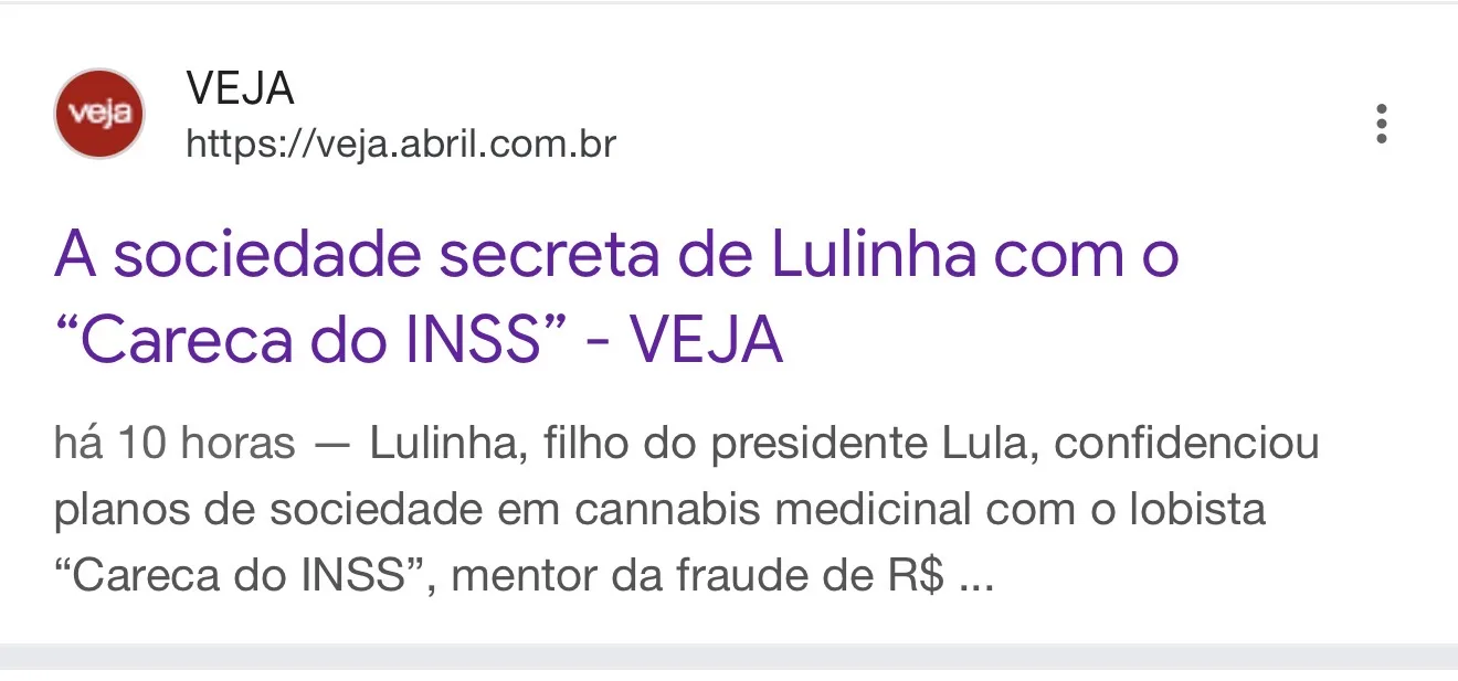 Imagem dividida mostrando logo da Revista Veja com efeito de “apagado” ou borrado, ao lado fotos de Lulinha e do “Careca do INSS” (Antônio Camilo Antunes), sobreposto com cifrões r - parágrafo 3
