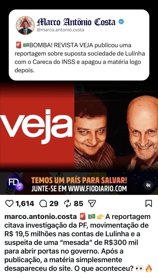 Imagem dividida mostrando logo da Revista Veja com efeito de “apagado” ou borrado, ao lado fotos de Lulinha e do “Careca do INSS” (Antônio Camilo Antunes), sobreposto com cifrões r - parágrafo 2