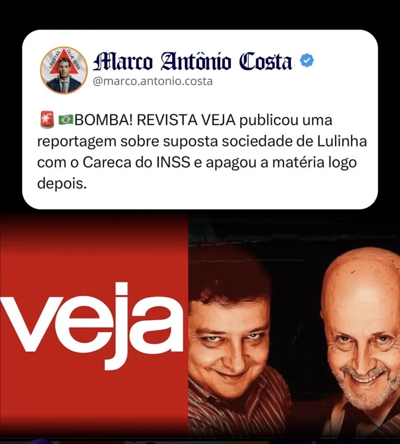 Imagem dividida mostrando logo da Revista Veja com efeito de “apagado” ou borrado, ao lado fotos de Lulinha e do “Careca do INSS” (Antônio Camilo Antunes), sobreposto com cifrões r