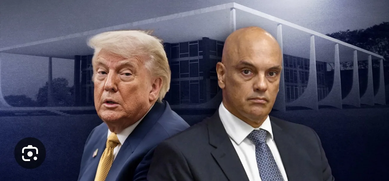 Imagem detalhando os principais pontos da análise, com ícones representando a tensão diplomática, o comércio internacional e a balança de poder entre EUA, Brasil e China.