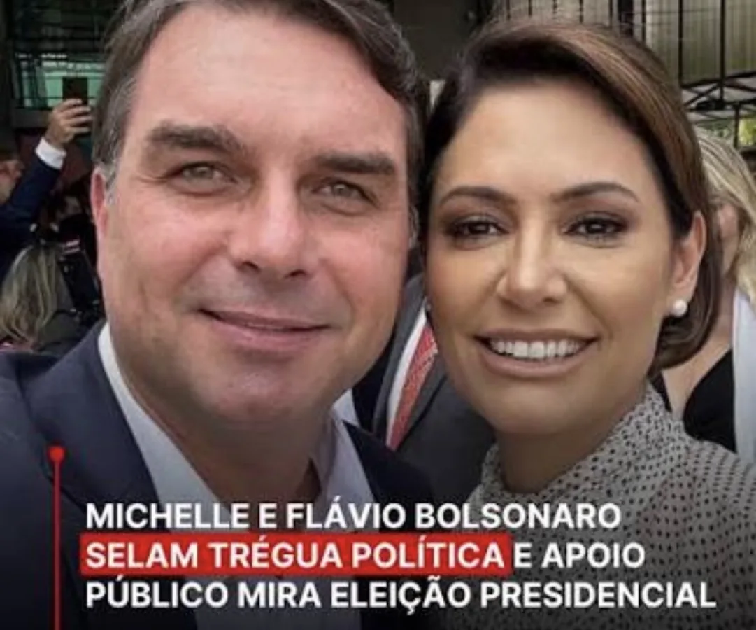 Michelle Bolsonaro e Flávio Bolsonaro em evento político oficial da direita brasileira.
