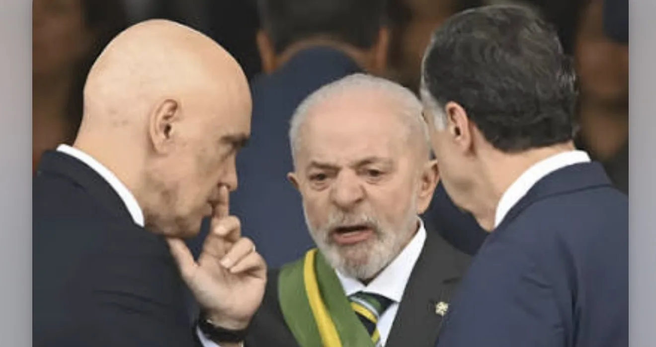 Imagem de Lula com expressão irritada, sobreposto com o título “Perdeu a Linha!” em amarelo, ao fundo o Palácio do Planalto e o STF, simbolizando a explosão de raiva ao ser contrar