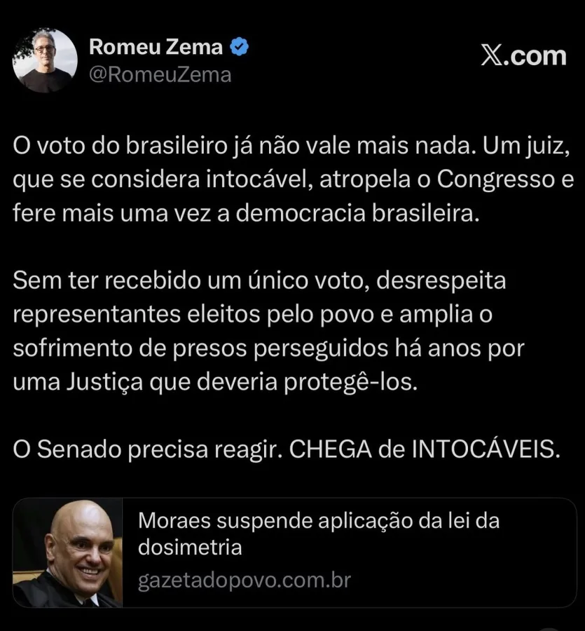 ZEMA DOBRA APOSTA CONTRA MORAES