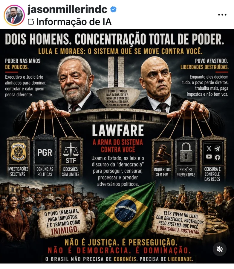 Manifestação política critica a atuação de ministros e governantes no cenário nacional brasileiro.