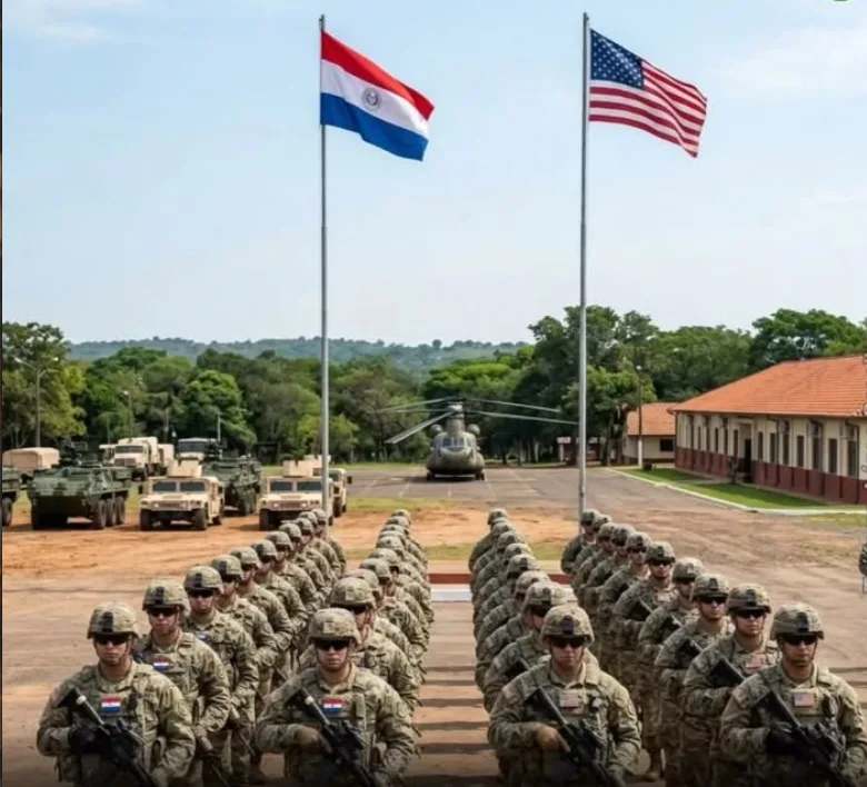 Formatura militar com tropas americanas e paraguaias perfiladas diante de bandeiras nacionais em base aérea