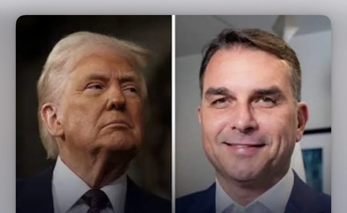 Senador Flávio Bolsonaro e presidente Donald Trump em foco político.