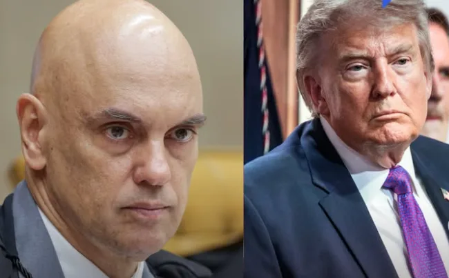 Foto do ministro Alexandre de Moraes e do presidente americano Donald Trump lado a lado