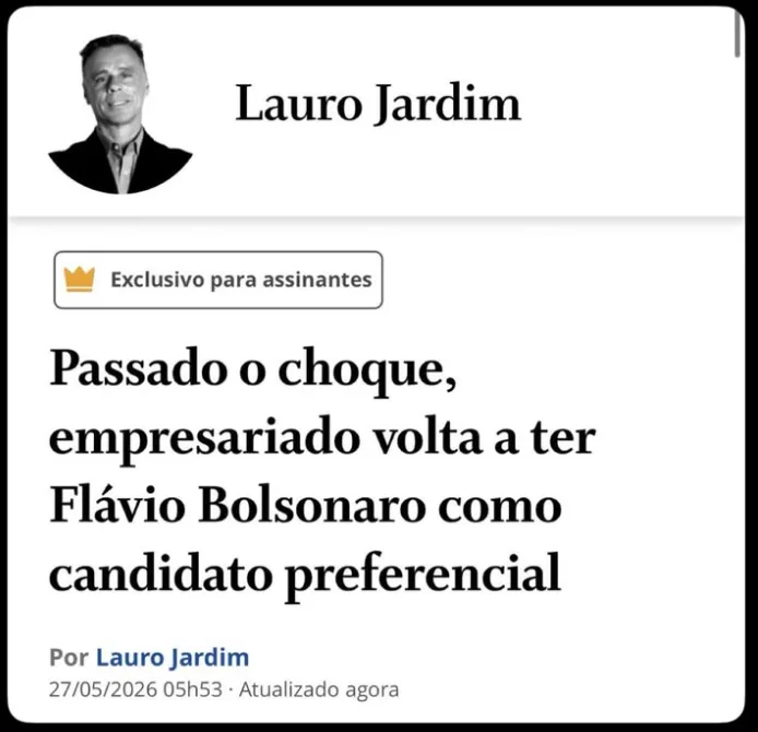 Recorte de matéria jornalística da coluna de Lauro Jardim com a manchete sobre a preferência do empresariado por Flávio Bolsonaro.