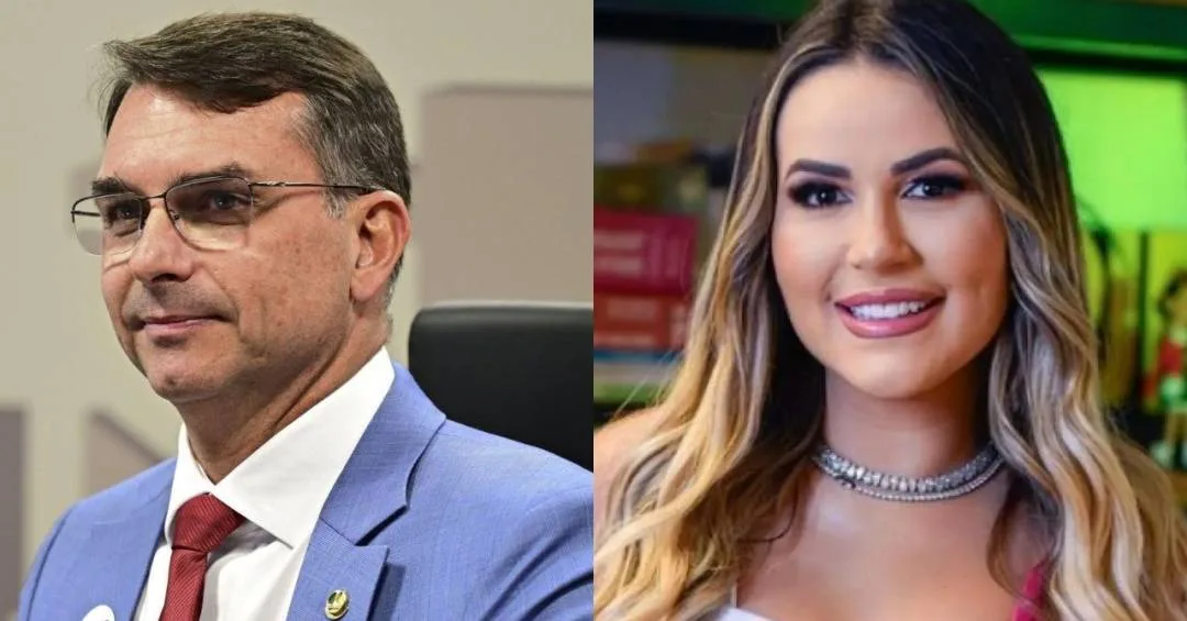 Montagem lado a lado mostrando o rosto da influenciadora Deolane Bezerra e o rosto do senador Flávio Bolsonaro.