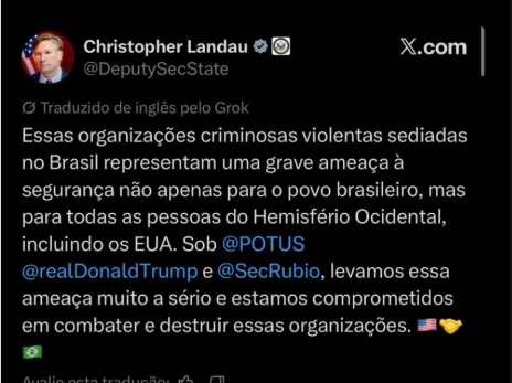 Captura de tela da publicação do vice-secretário de Estado Christopher Landau na rede social X afirmando o compromisso dos EUA em combater o PCC e o Comando Vermelho.
