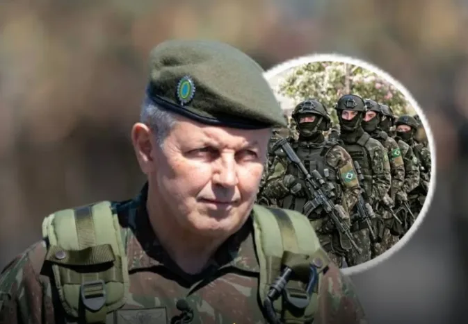 Fotografia institucional demonstrando viaturas e tropas do Exército Brasileiro em operação de patrulhamento urbano.