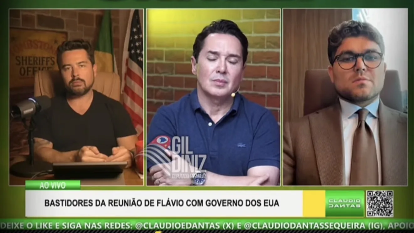Comentarista politico e parlamentares discutem seguranca de Flavio Bolsonaro em entrevista.