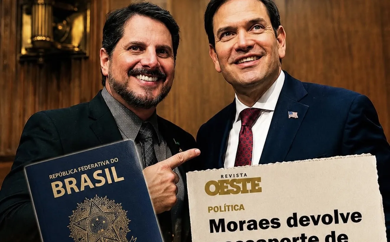 Senador Marcos do Val segurando passaporte brasileiro ao lado de senador americano.