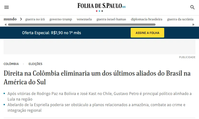 Captura de tela da matéria da Folha de S.Paulo detalhando o isolamento do Brasil após eleições na Colômbia
