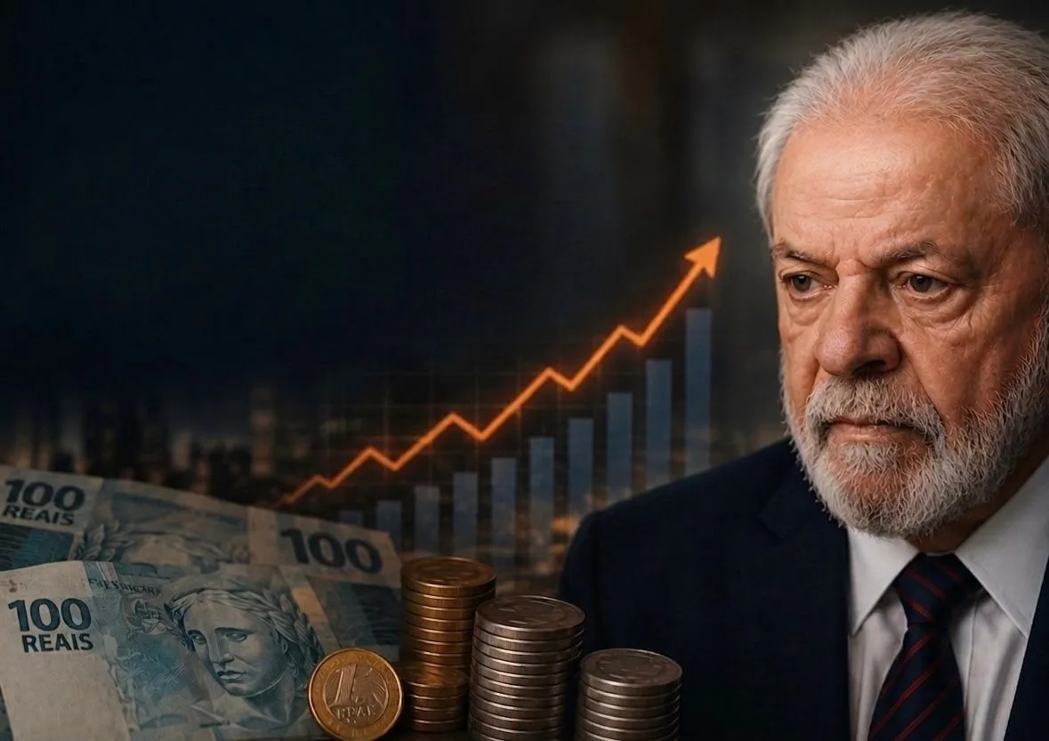 Painel eletrônico exibindo gráficos financeiros de mercado de ações e taxas de juros em ambiente de negócios.