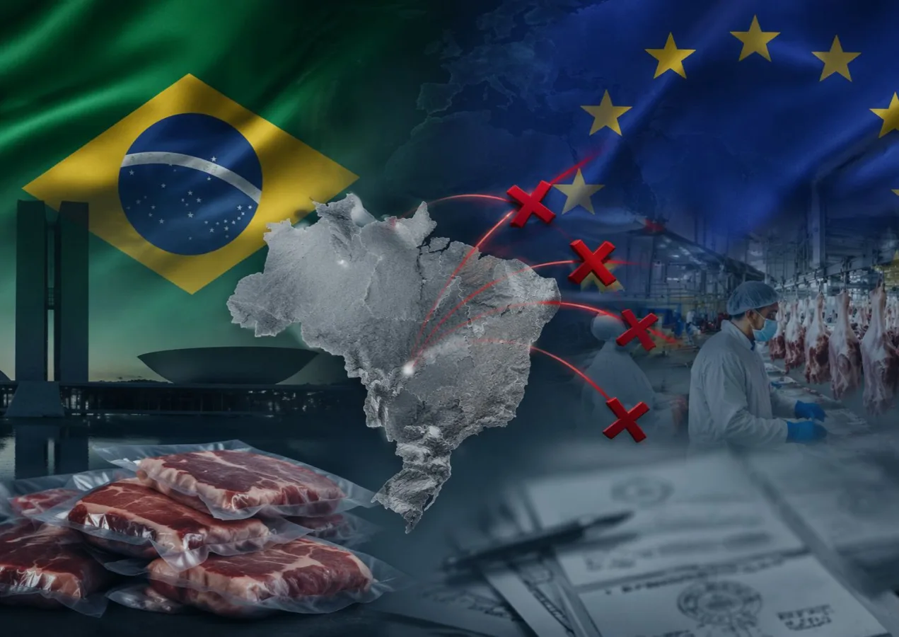 Corte de carne bovina fresca sobre tábua de madeira em ambiente industrial ou comercial.