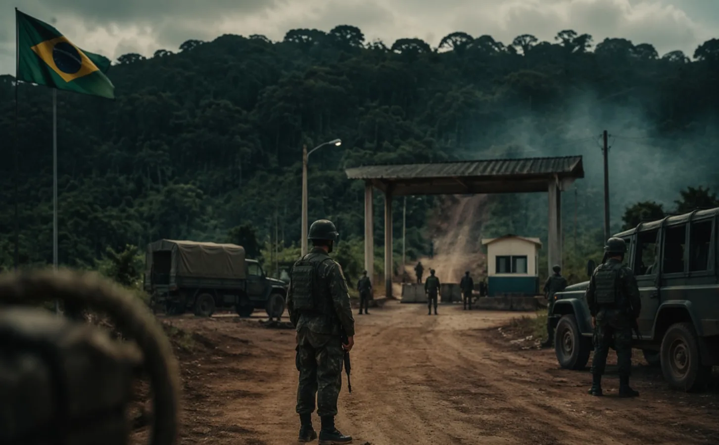 Soldados do Exército Brasileiro em formação oficial com uniformes camuflados durante atividade de campo.