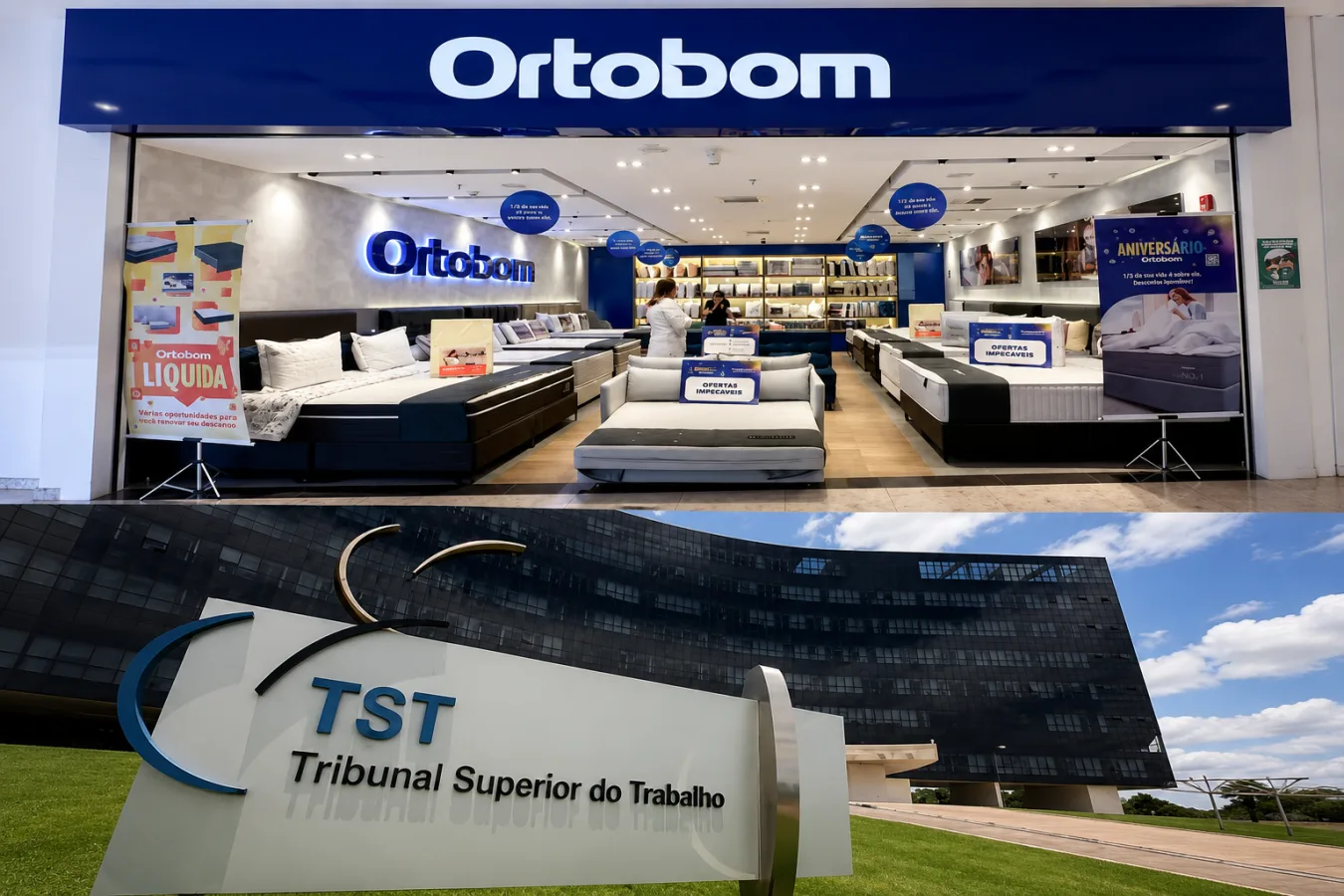 Fachada do Tribunal Superior do Trabalho (TST) e logo da Ortobom