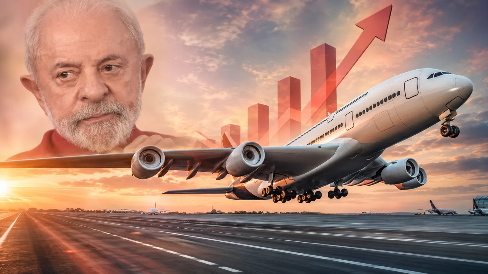 Passageiro em aeroporto com mala e policial ao fundo, ilustração de aumento de tarifas de embarque no governo Lula