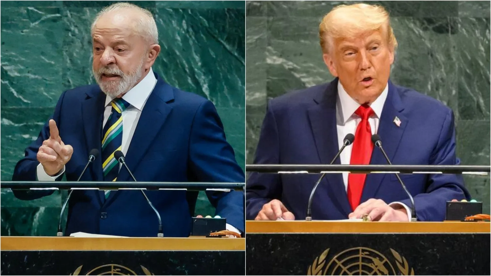 Montagem com Luiz Inácio Lula da Silva e Donald Trump durante discursos na Assembleia Geral da ONU