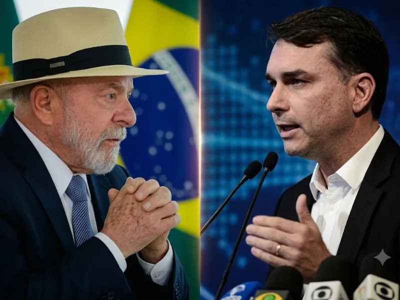 Montagem com Lula e Flávio Bolsonaro, ausentes do primeiro debate presidencial de 2026
