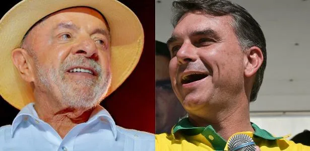 Montagem jornalística com Lula e Flávio Bolsonaro em lados opostos