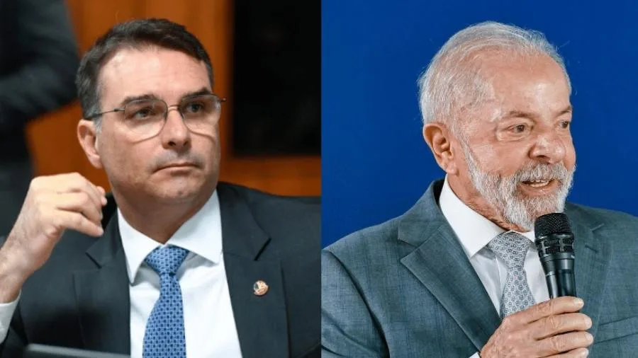Flávio Bolsonaro e Lula durante eventos políticos