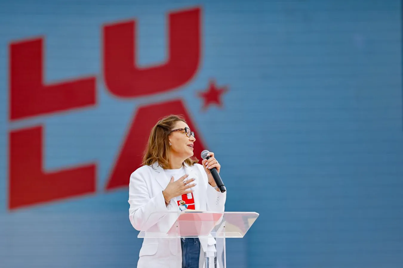 Primeira-dama Janja durante evento público do Partido dos Trabalhadores