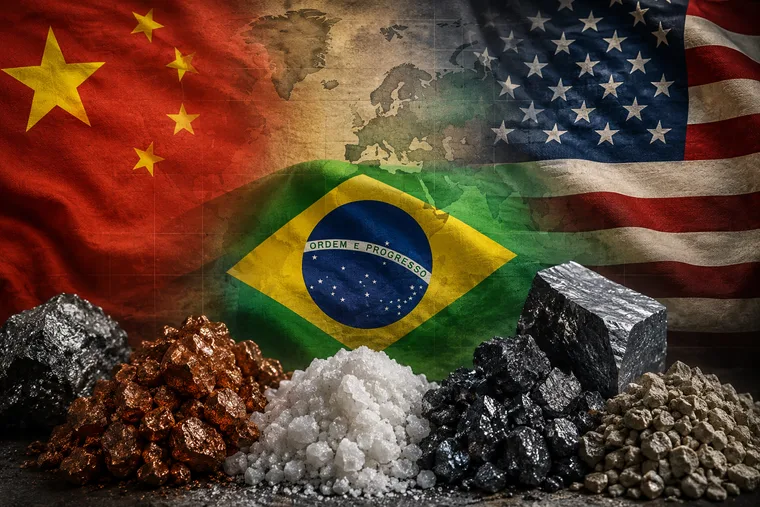 Bandeiras de Brasil, Estados Unidos e China diante de minerais estratégicos