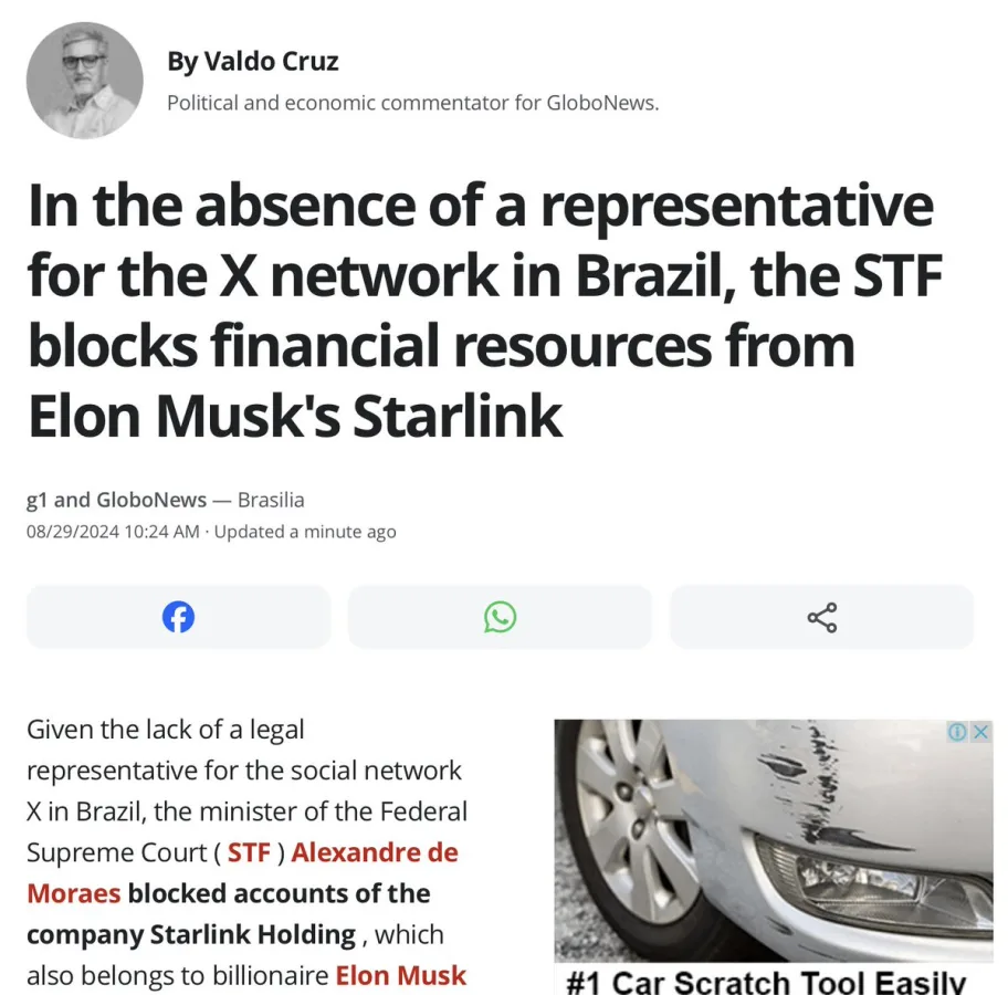 Publicação de Michael Shellenberger sobre o bloqueio de contas da Starlink determinado por Alexandre de Moraes