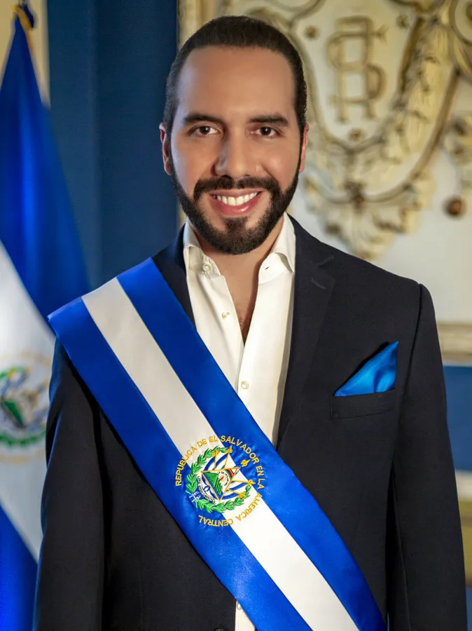 Presidente de El Salvador, Nayib Bukele, em retrato oficial com a faixa presidencial