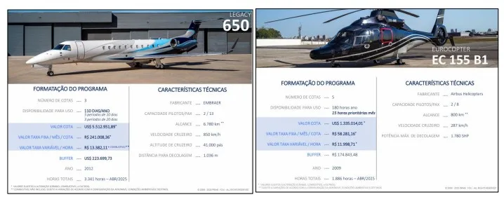 Jato Legacy 650 e helicóptero cujas cotas foram negociadas com o escritório de Viviane Barci