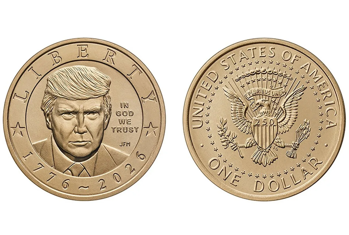 Moeda de US$ 1 da Casa da Moeda dos EUA com o retrato de Donald Trump e o selo presidencial dos 250 anos