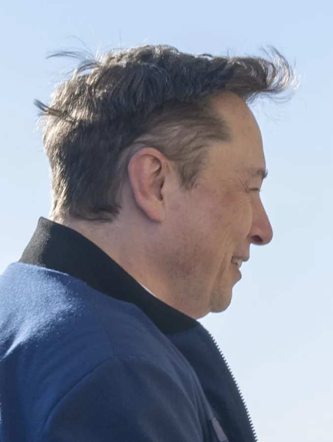 Elon Musk em perfil, de jaqueta azul, contra céu azul claro (2025)