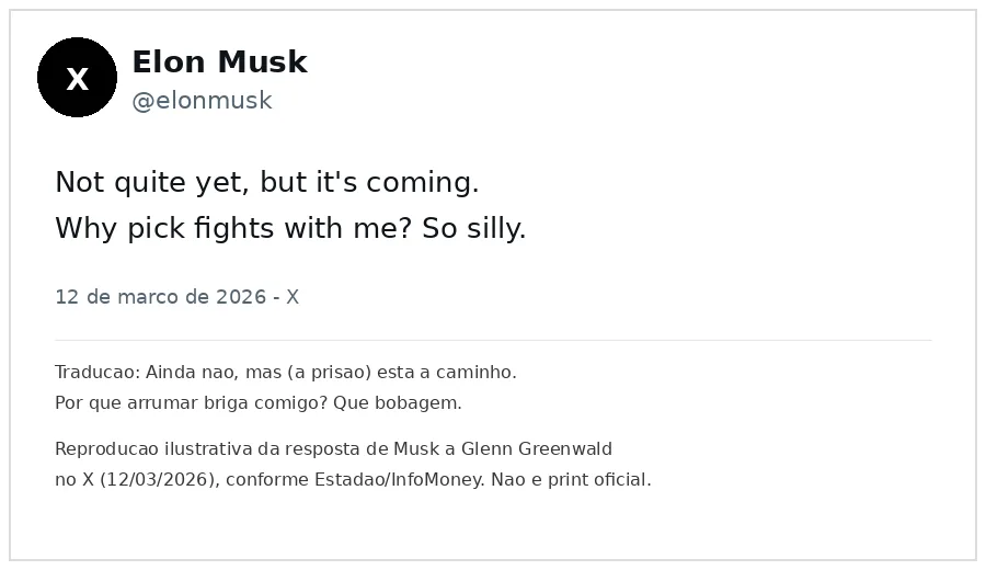 Reprodução ilustrativa da postagem de Elon Musk no X em 12/03/2026 sobre prisão de Alexandre de Moraes