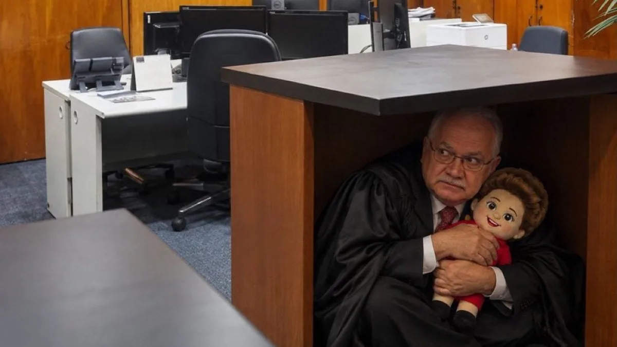 Edson Fachin aparece escondido debaixo de uma mesa em meme criado por inteligência artificial sobre a crise no STF