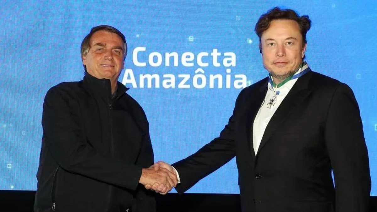 Elon Musk e Jair Bolsonaro em registro de encontro que simboliza a repercussão internacional da direita brasileira
