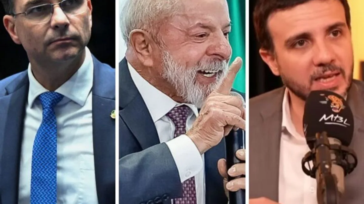 Renan Santos, Flávio Bolsonaro e Lula aparecem em montagem sobre a disputa presidencial de 2026