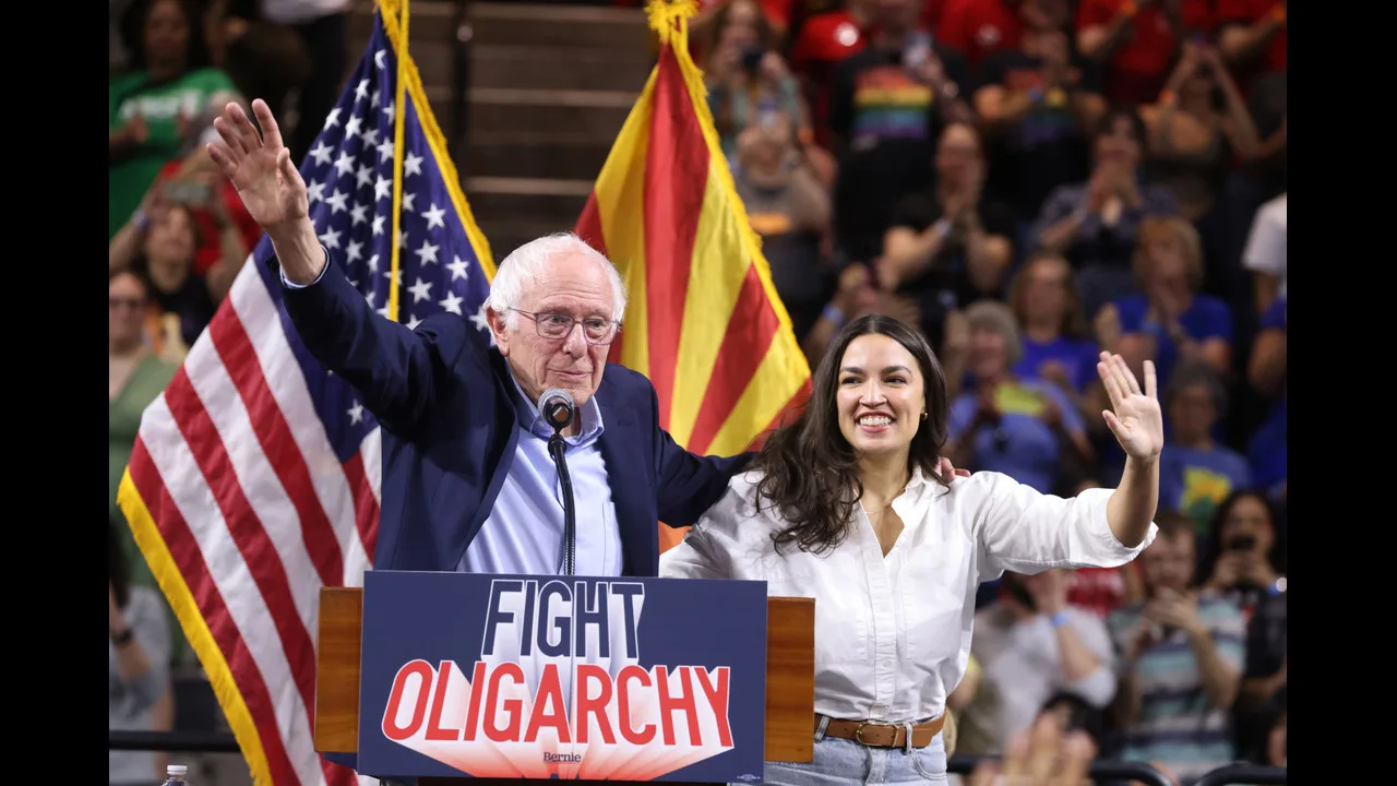 O senador Bernie Sanders e a deputada Alexandria Ocasio-Cortez acenam em comício nos Estados Unidos