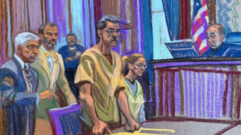 Ilustração de Nicolás Maduro e Cilia Flores durante audiência no tribunal de Nova York